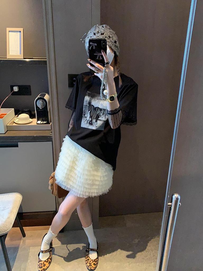 Mochie Spring Lace Patchwork Two-Piece Look Round Neck Printed Loose Slimming Long Sleeve T-Shirt