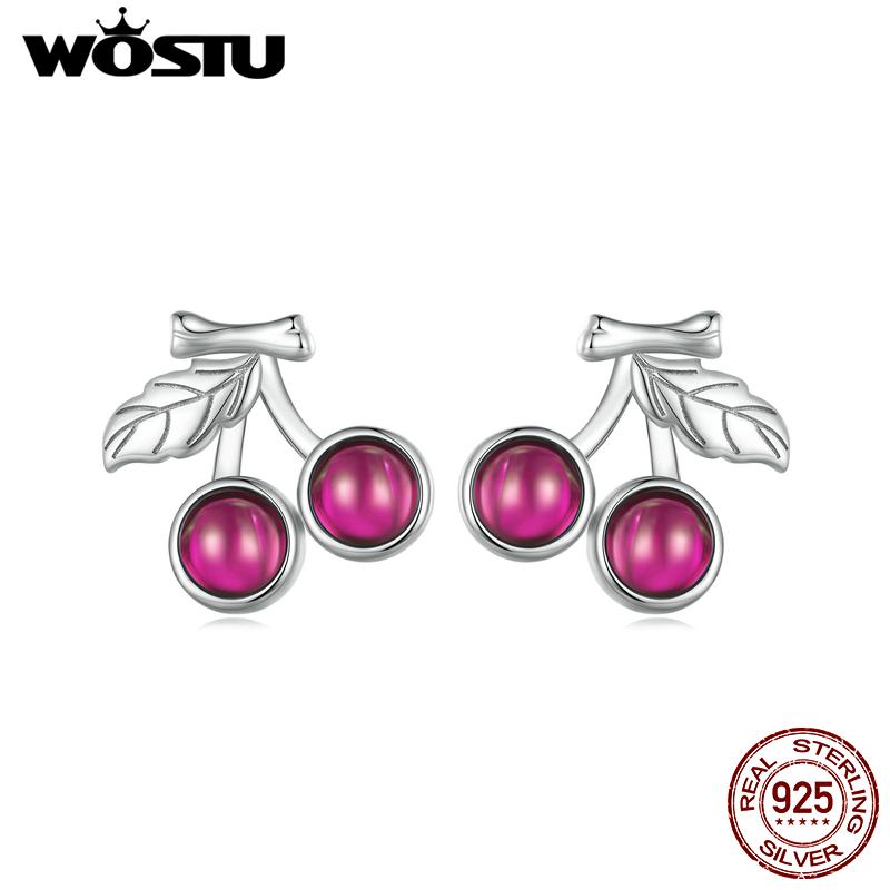 

WOSTU стерлингового серебра 925 пробы летние серьги-гвоздики с вишней, большой красный корундовый камень, фрукты, серьги-гвоздики для вечеринок, ювелирные изделия, подарок на праздник 925 silver