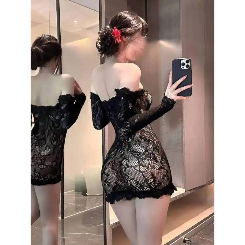 Purple Sexy One-Shoulder Lace Nightclub Pure Desire Hot Girl Tube Top Mesh Dress Elegant Sleepwear Mesh Lace Sheer Sexy XHI5
