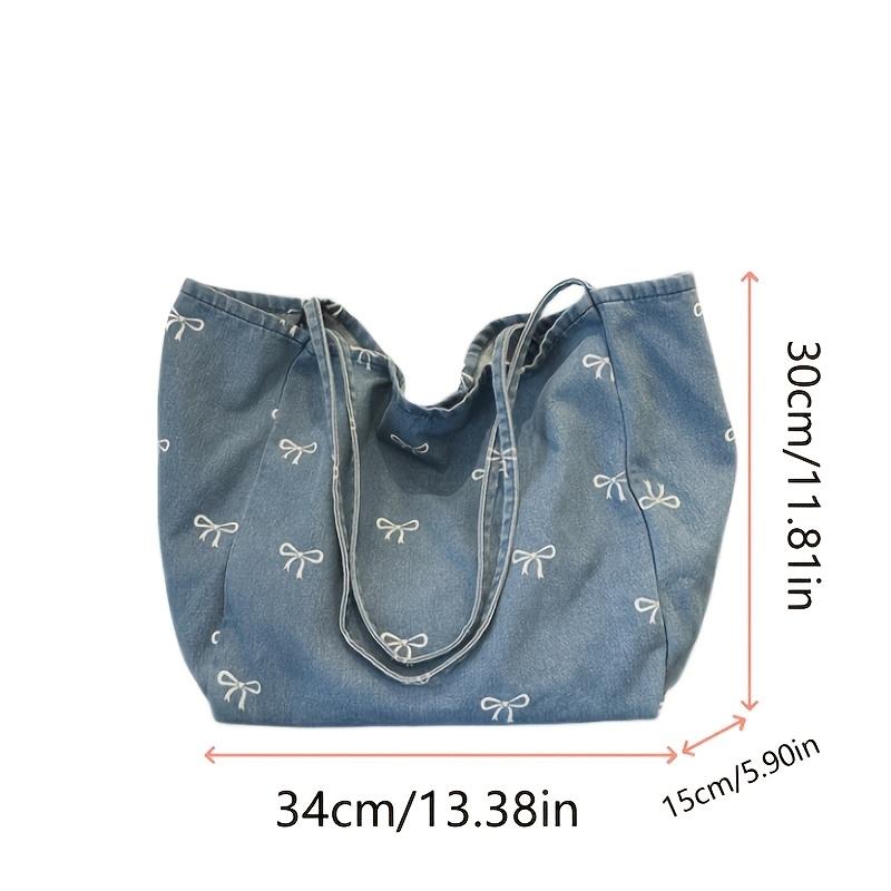 Women's Denim Tote Bag with Bow Detail Multifunctional Shoulder Backpack Hand Washable No Edge Paint