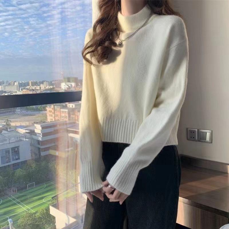 Solid Color Women's Petite Cropped Sweater - Autumn Winter Half-High Neck Knit Pullover