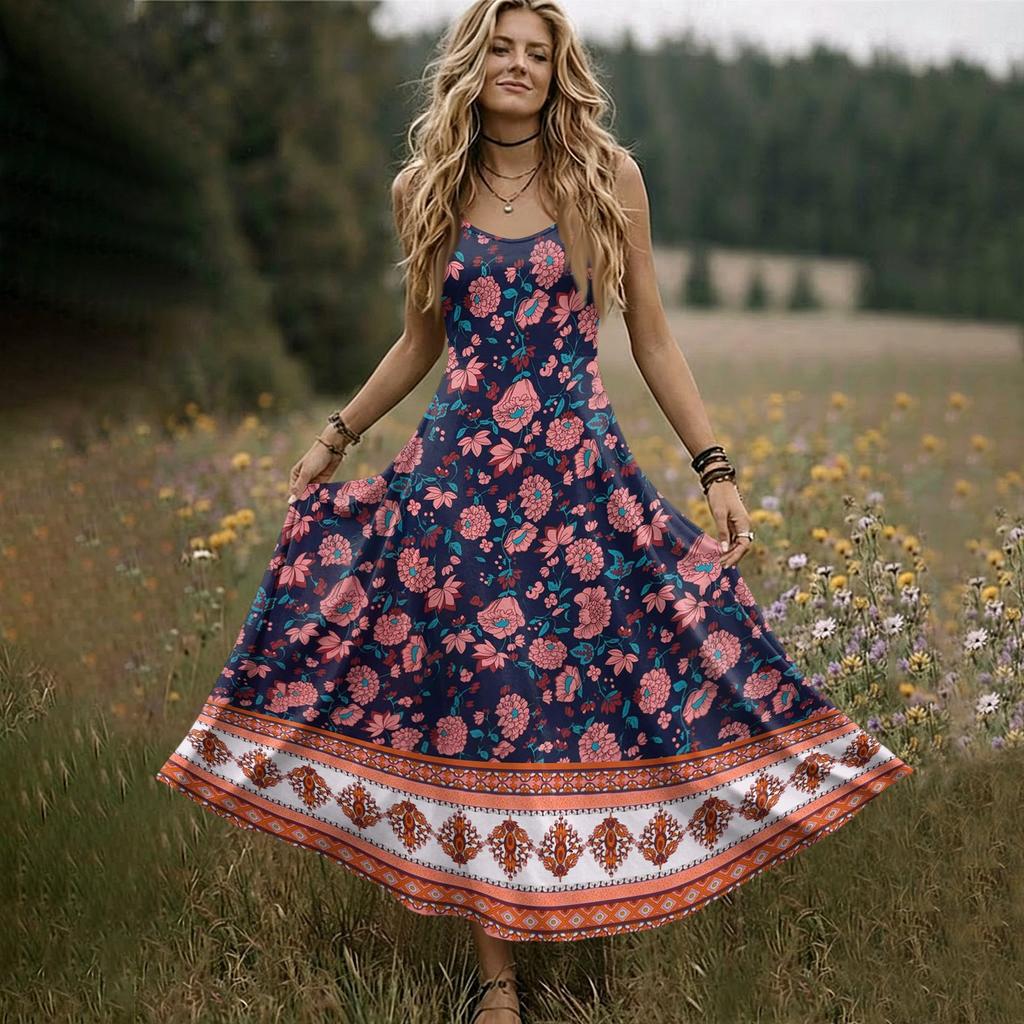 Women’s Sleeveless V Neck Maxi Dress with Spaghetti Straps and Floral Print Loose Fit Summer Long Dress for Daily Wear