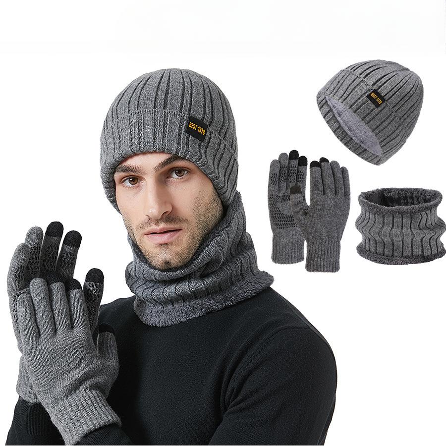 Herren Strickmütze, Schal, Touchscreen-Handschuhe, Dreiteiliges Set, Winterverdickt, Hochelastisch, Warmes Set