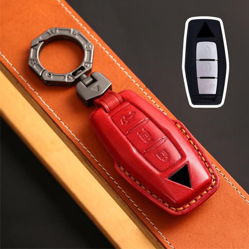 Leather Car Key Case Fob Cover Shell Keychain for Mitsubishi Outlander 2023 2/3 Bottons Car Smart Remote Key Holder Accessories