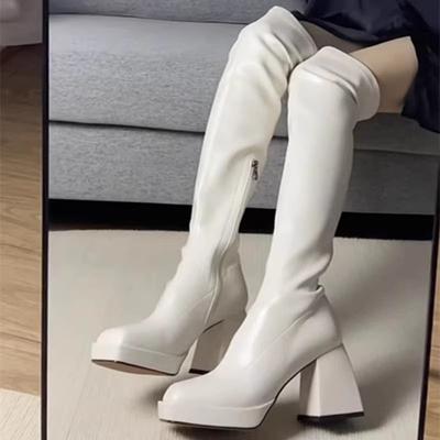 High-heeled Over-the-knee Boots for Women's 2025 Autumn and Winter New Small Slim Waterproof Table Square Head Thick-heeled White High Boots