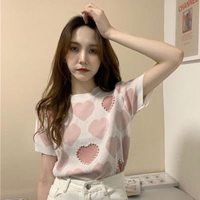 Ice Silk Knitted Short Sleeved Women's Summer Thin Design Niche French Gentle Style Short On Top Clothing