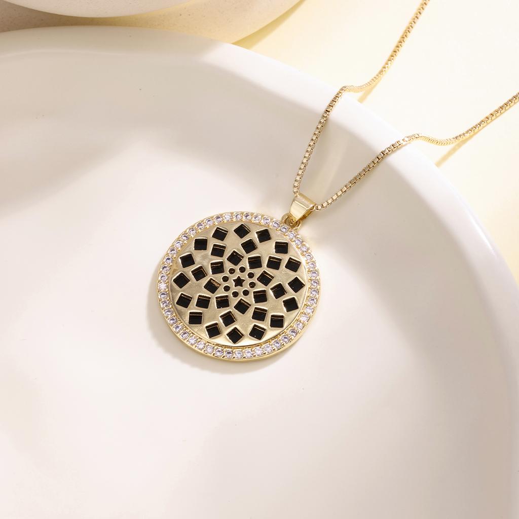 Nidin Geometric Mosaic Round Disk Pendant Necklace For Women Vintage Black Crystal Zircon Choker Trendy Statement Jewelry Gifts