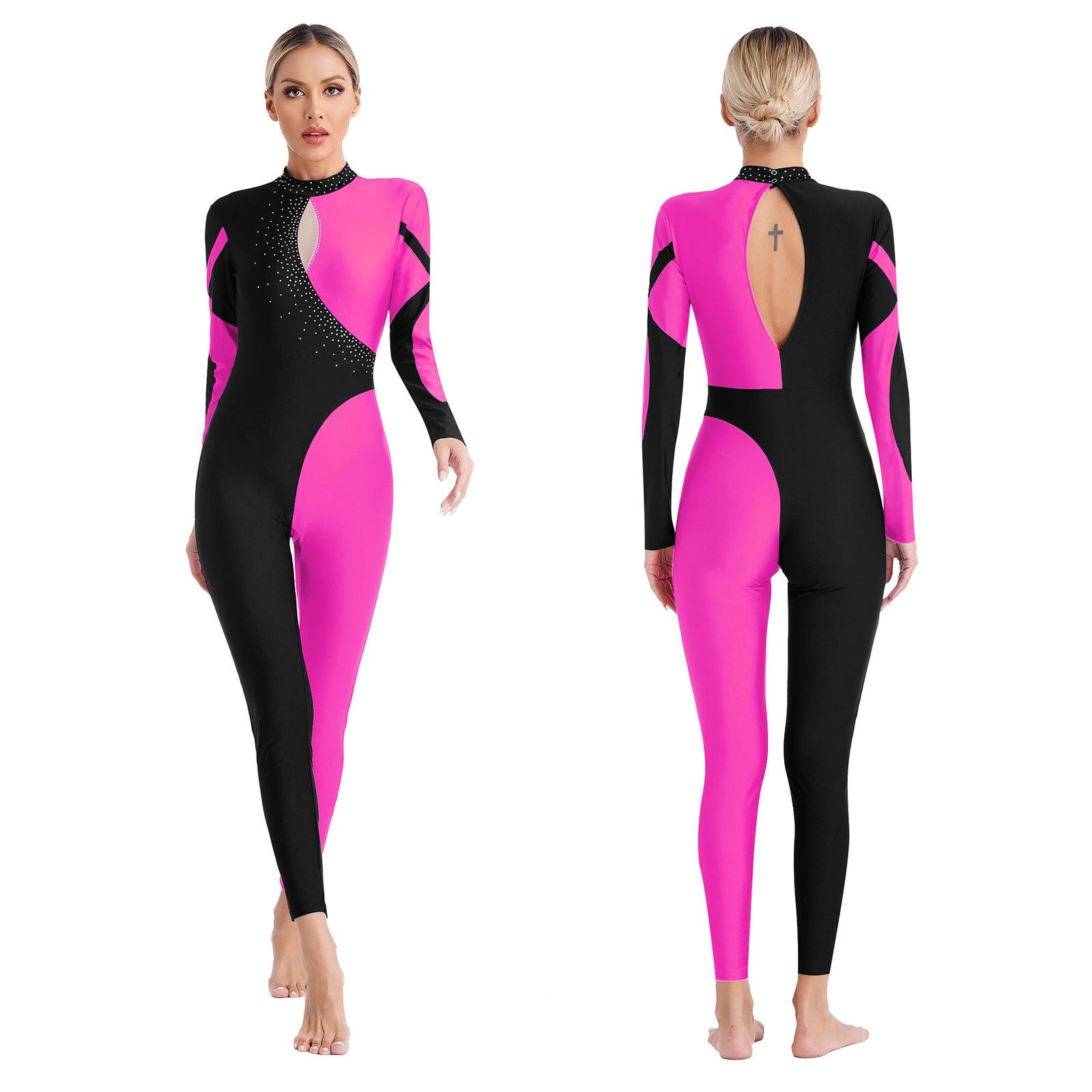 Yunduantong-electronic Vrouwen Full Body Gymnastiek Leotard Jumpsuit Lange Mouw Contrasterende Kleur Strass Ballet Schaatsen Romper Prestatie Danskleding L warm roze kleur