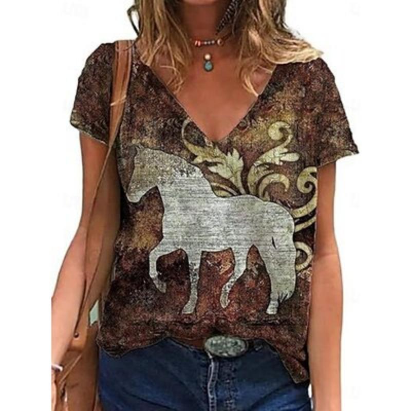 Women's Blouse Graphic Bohemia Vintage Western Short Sleeve V Neck Regular Tops Daily Print Blue Brown Green Apricot Summer
