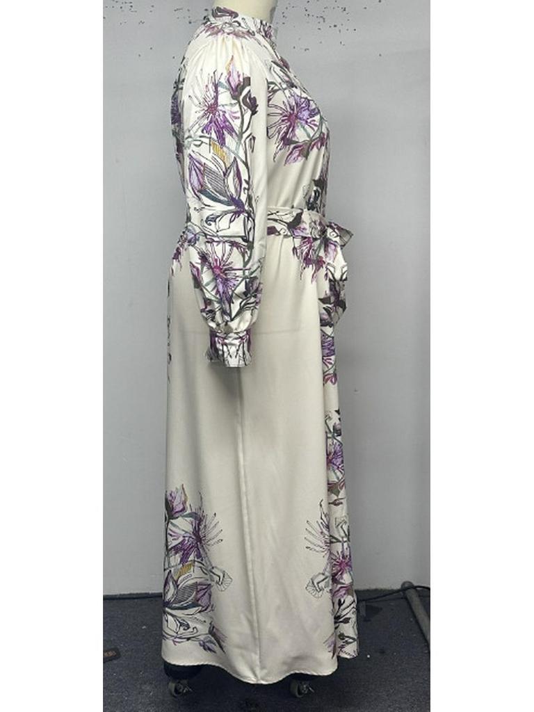 Dubai-Inspired Islamic Floral Lantern Sleeve Dress with Stand Collar