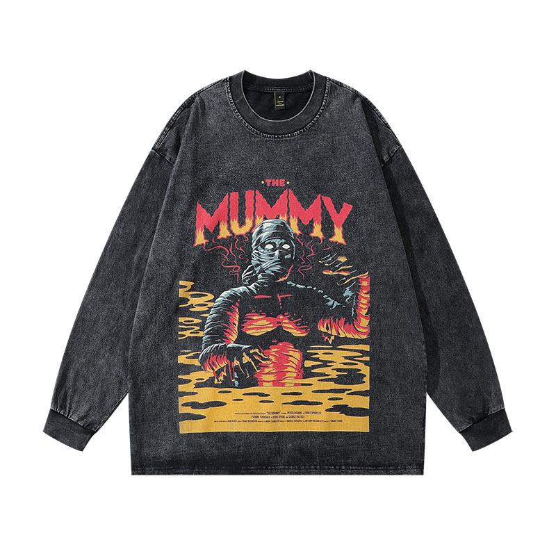 American Retro Printed Long-Sleeved T-Shirt Ins High Street Trendy Brand Washed Old Men'S Oversize Bottoming Top