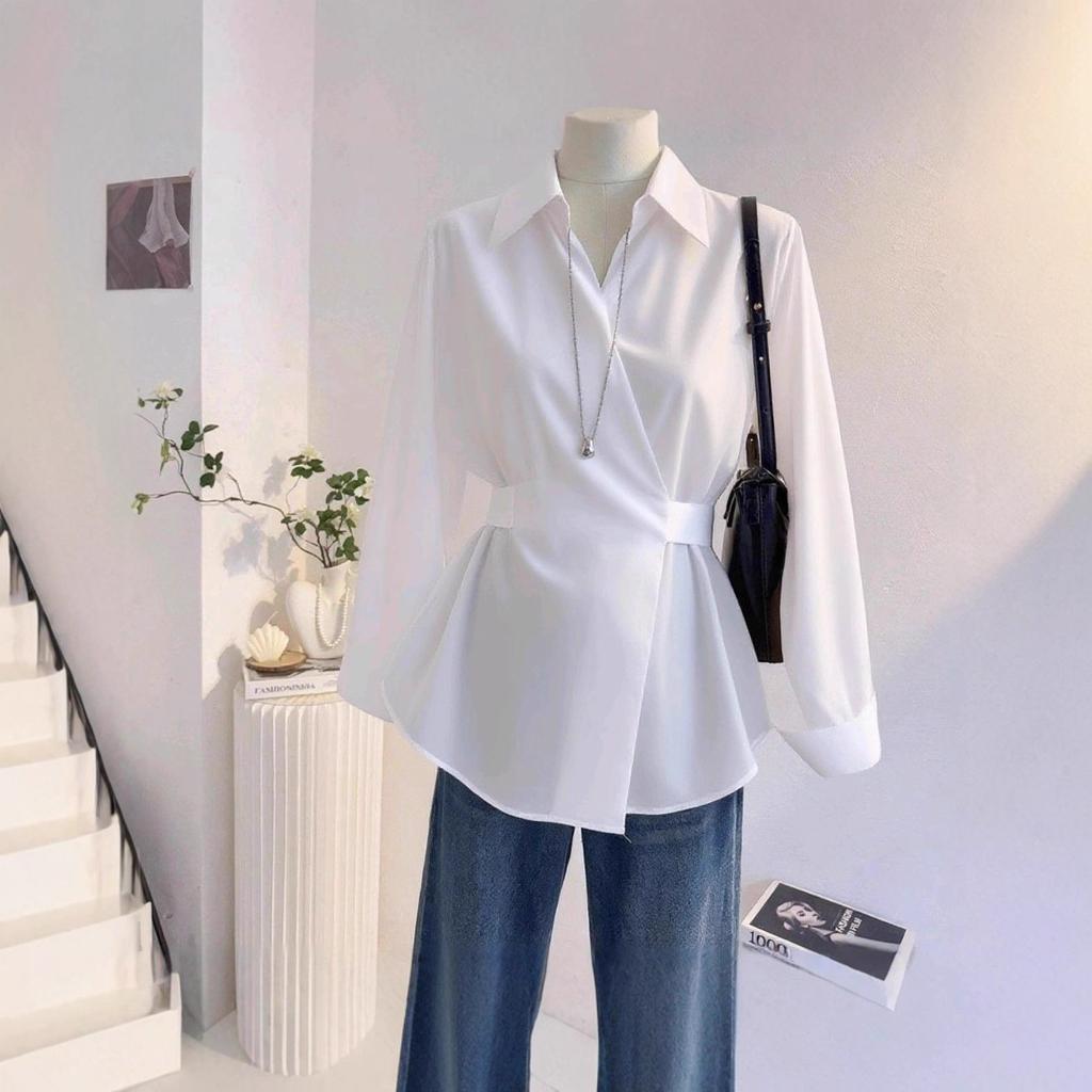 Strappy Waist Cinched Long Sleeved Shirt for Women In The Autumn Designed for Commuting Korean Style Top