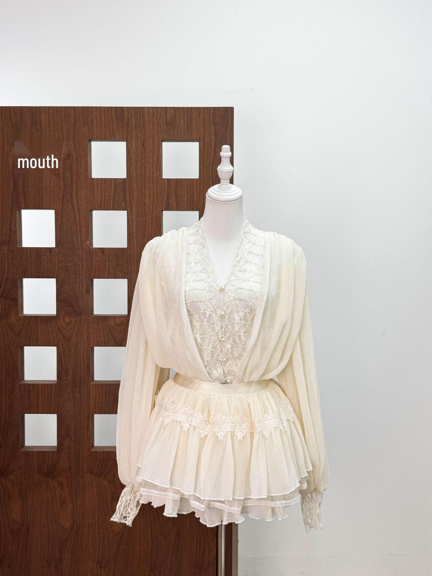 

Elegant French Lace Patchwork Long Sleeve Shirt & High Waist Tie-Up Skirt Set S