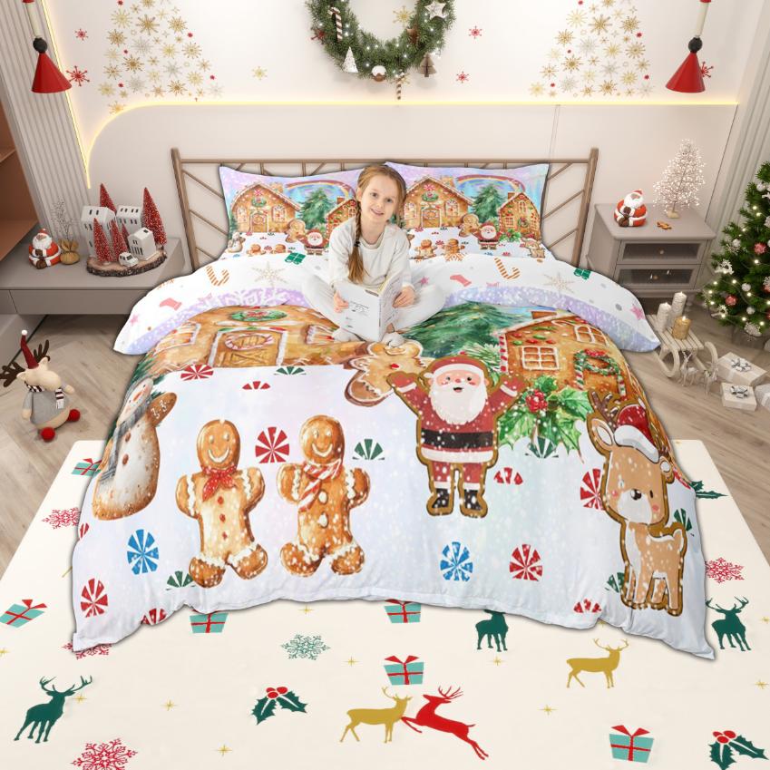 Homewish Kawaii Gingerbread Duvet Cover Set for Kids, Girls Christmas Gifts Bedding Set, Merry Xmas Bed Set, Room Decor