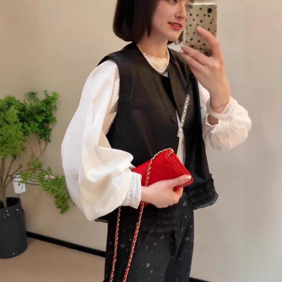 

Women s Spring 2025 Korean-Style PU Leather Vest with Hem Lace XL чорний
