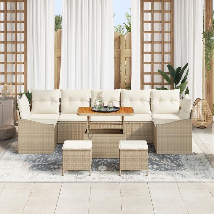 Ensemble de Canapés de Jardin vidaXL 10 Pièces avec Coussins Beige Rattan Poly Acacia, Canapé de Jardin vidaXL 2 Places 3364591