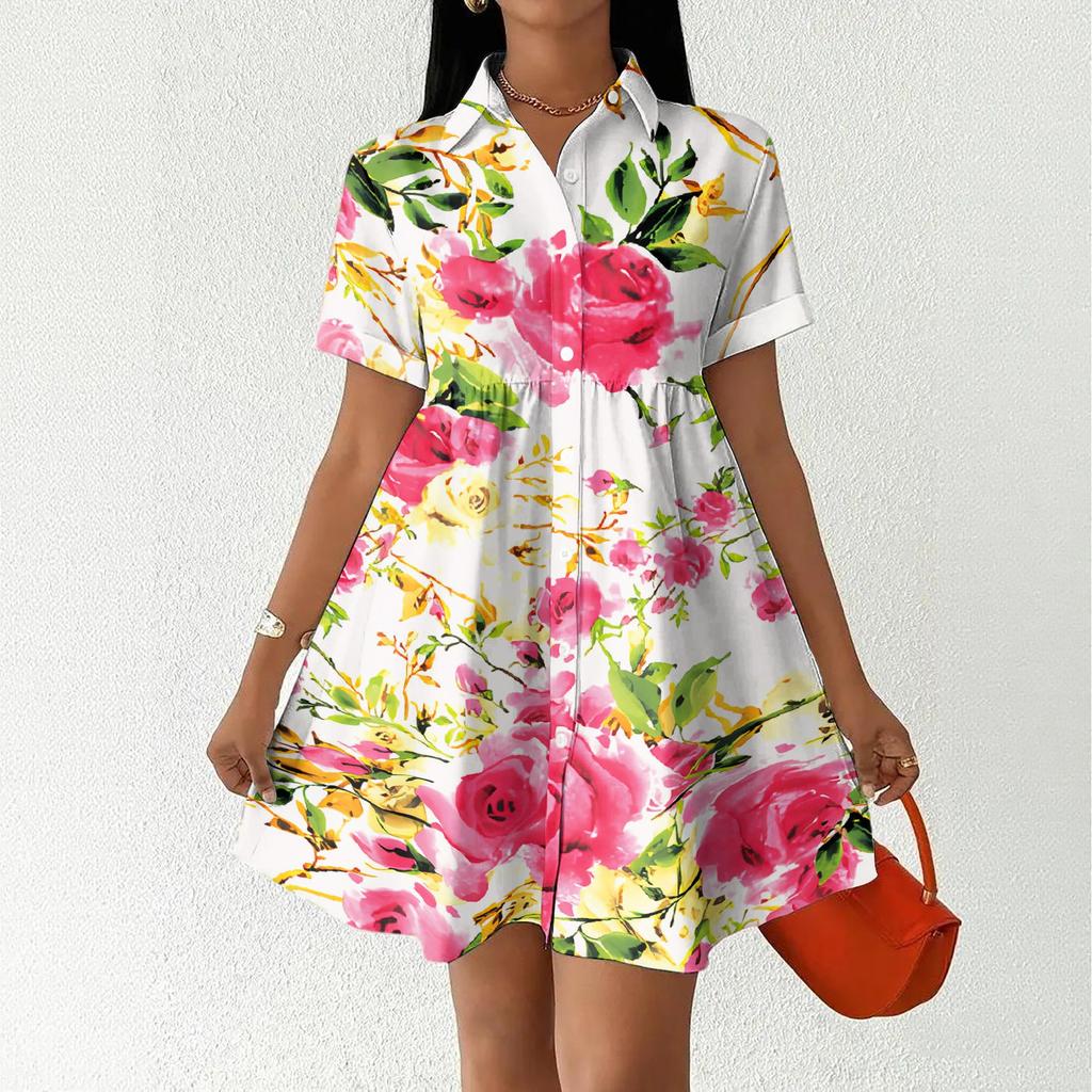 Women Casual Loose Shirt Dress Button Up Stand Collar Short Sleeve Printed Mini Dress Lightweight Tunic Dress