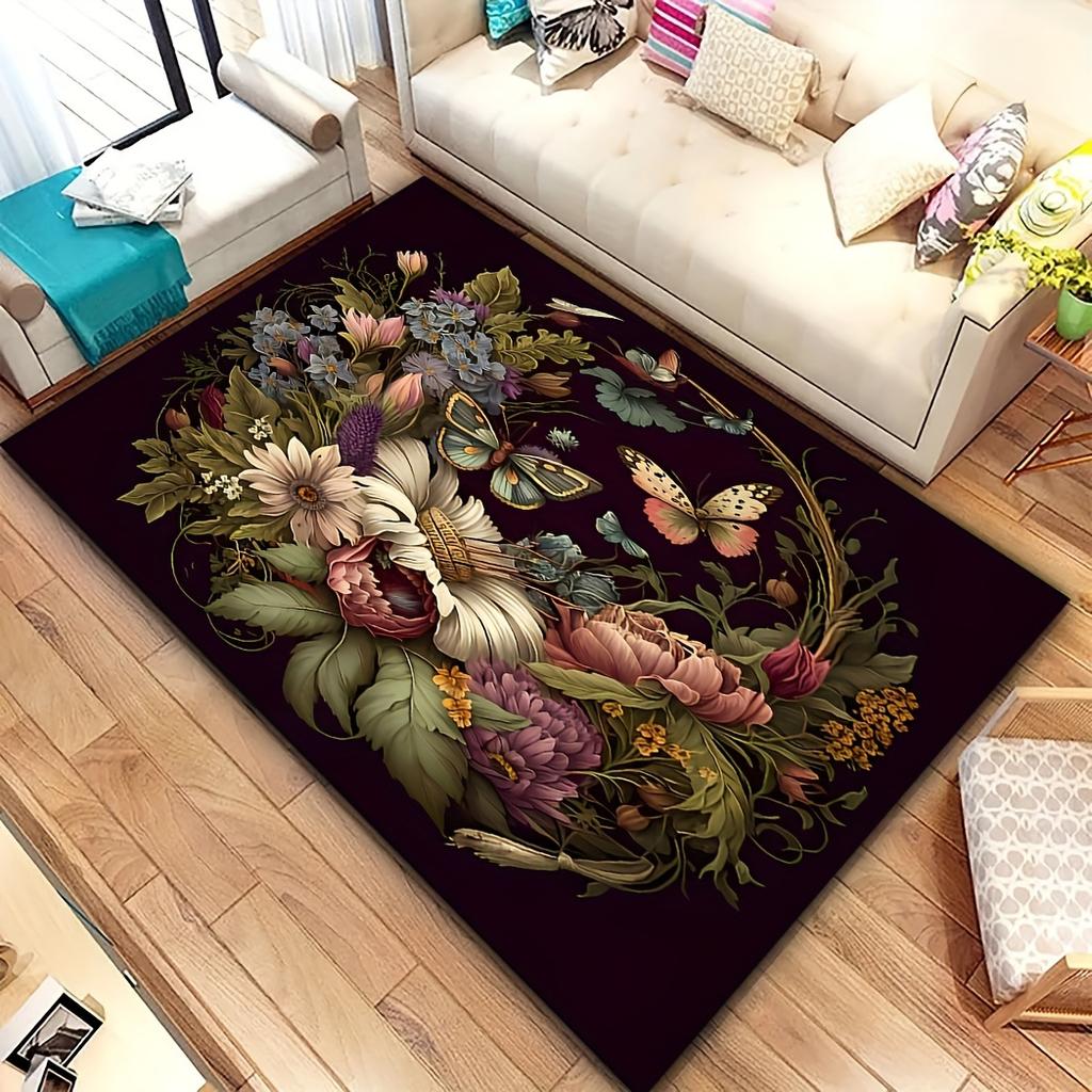 Butterfly Floral Rug – Non-Slip Polyester Mat for Living Room, Bedroom, Kitchen or Entryway Indoor/Outdoor Decor