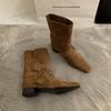 2025 Korean version of the new niche design retro French short boots small square head western boots suede medium boots women's boots