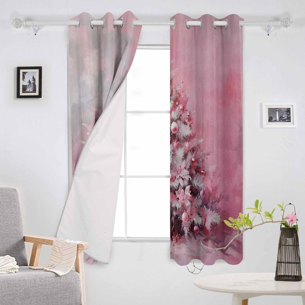 Christmas Pink Oil Painting Christmas Tree Retro Blackout Curtains For Living Room Bedroom Window Treatment Blinds Drapes