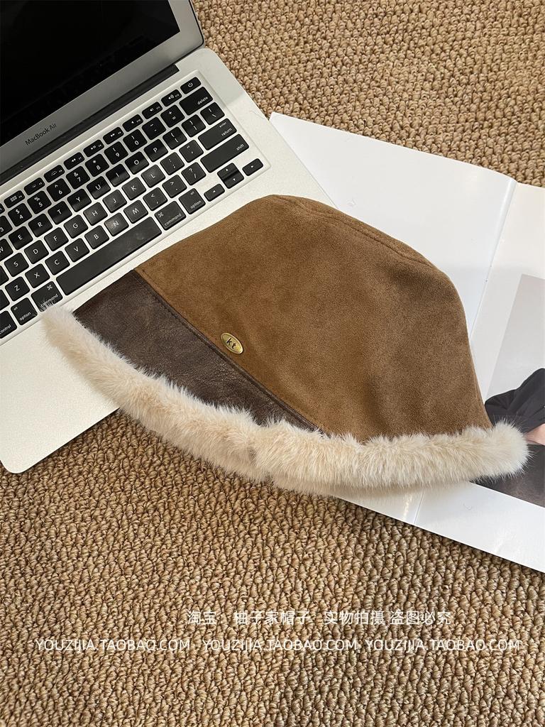 Autumn and winter suede plush warm face small bucket hat woman