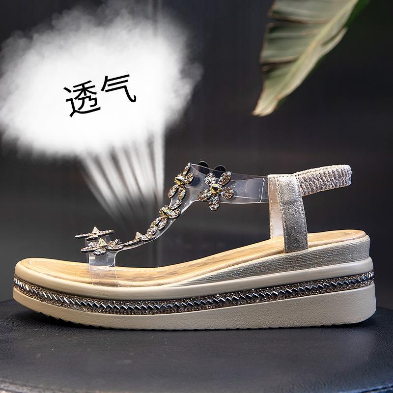 Summer Women Sandals Pvc Crystal Flower Decoration Chunky Heel Peep Toe Back Strap Elastic Band Elegant Fashion Shoes Ladies