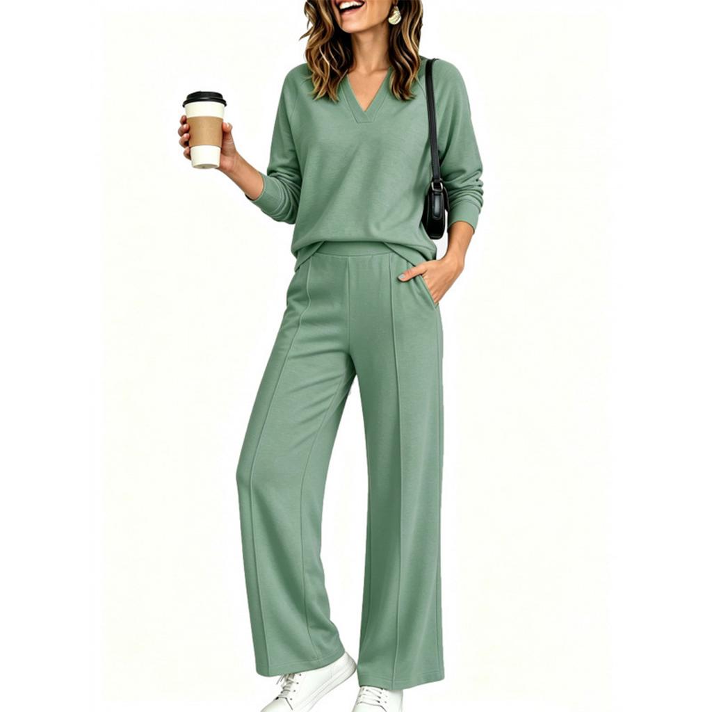 Women's V-Neck Long Sleeve Sweatshirt and Jogger Pants Set Color Activewear for Gym Workouts