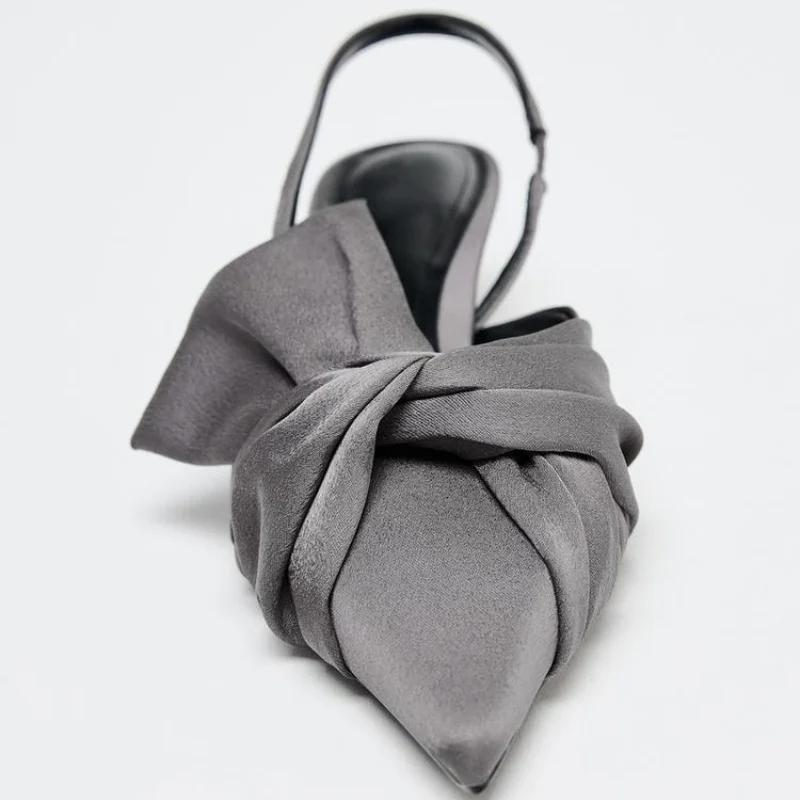 Fashion Elegant Gray Kitten Heel Slingback Strap Pumps Women Sexy Pointed Toe Satin Knot Heeled Sandals Fashion Office Designer Shoes