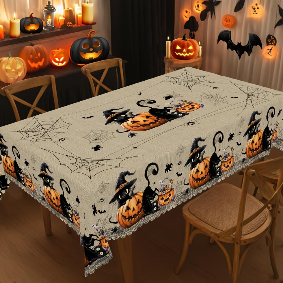 Halloween Cat Pumpkin Spider Web Rectangle Tablecloth for Table Decor Gothic Vintage Kitchen Dining Table Cloth Halloween Decor