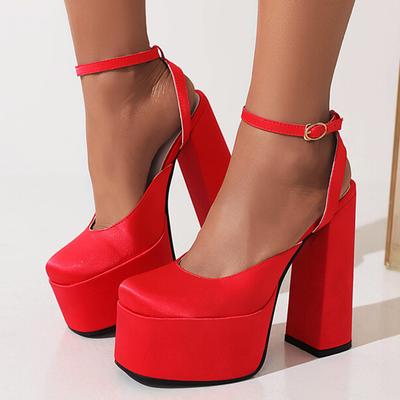 FOREADA Sandales Plateformes à Talons Aiguilles Super Hauts en Cuir PU pour Femmes Bout Carré Bride Cheville Boucle Sexy Fête Chaussures d'Été Noir Rouge