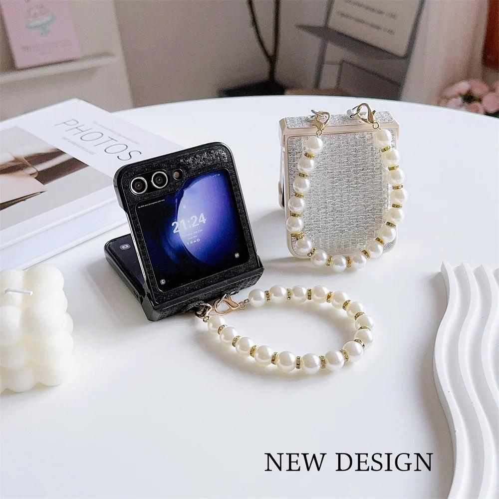 Luxury Leather Bead Wrist Strap Phone Case for Samsung Galaxy Z Flip 6 5 4 3 Flip5 Flip4 Flip3 5G Protective Shockproof 5G Cover