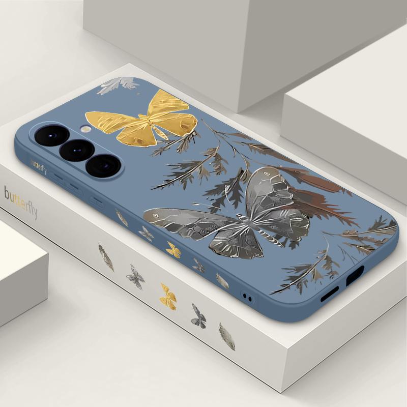 Plating Lens Golden Butterfly Pattern Case For Samsung Galaxy A56 A17 A26 A16 A36 A55 A54 A53 A15 S24 S25 FE S25 S22 S23 Ultra Plus Lanyard Soft Cover