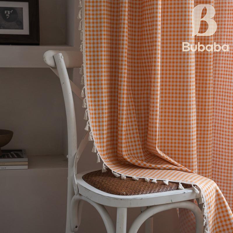 Bu Baba Orange Plaid Tassel Curtains - Semi-Shading, Decorative for Living Room, Bedroom, Kitchen, Balcony