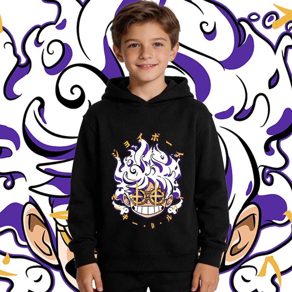 Anime One Piece Luffy Gear 5 Print Hoodie Kids Pullover Hooded Sweatshirt Autumn Winter Streetwear Children Tops