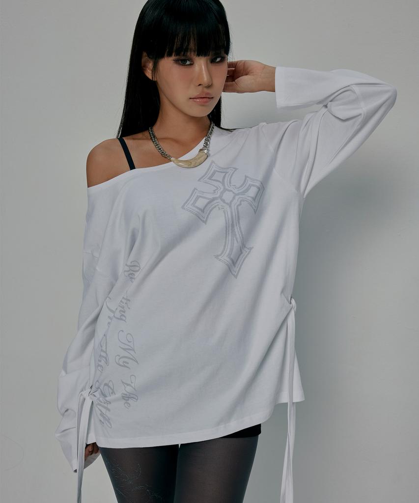 Gillaakaibeu One Shoulder Graphic Long Sleeve_White