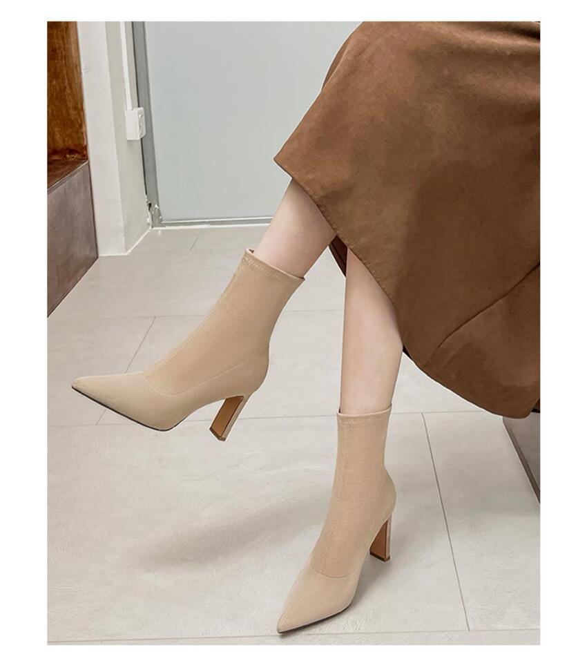 Suede boots women's autumn and winter pointed head high heel thin boots short boots women's 2025 new nude elastic foreign style super versatile