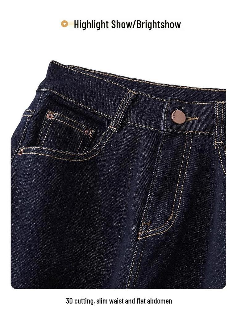 2024 High-Waisted Fleece-Lined Cropped Straight-Leg Retro Dark Blue Women's Jeans for Autumn/Winter