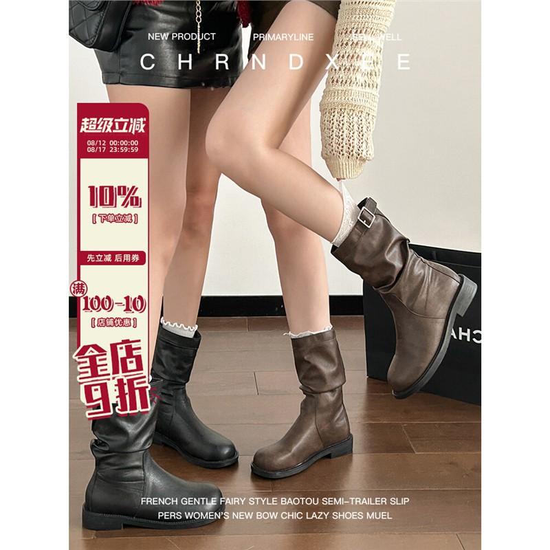 

Cowhide version~ retro brown medium boots women s 2025 new round head thick-soled stacking boots sleeve flat-bottomed Martin boots 40