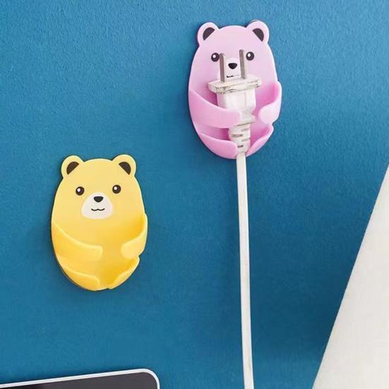 Cute Bear Plugs Holders Adhesive Wall Hook Plastic Phone Charger Holders No Drilling Needed Wall Mounted Organizer for Plugs Charger Storage