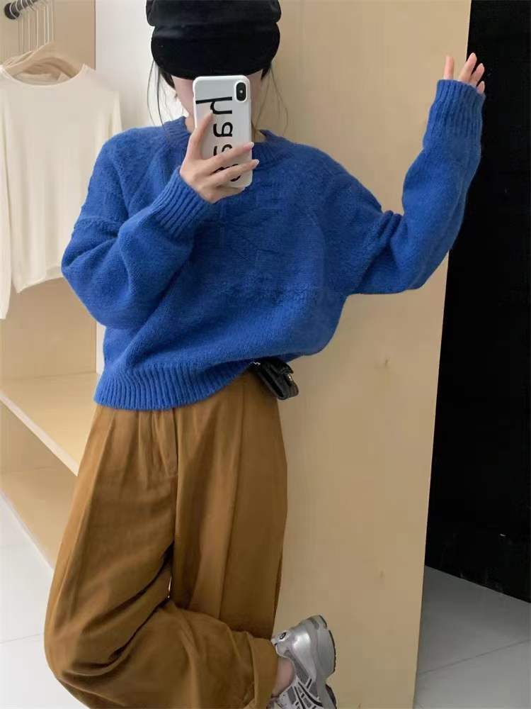 

Женский пуловер с круглым вырезом на осень и зиму, высококачественный жаккардовый, свободного кроя, однотонный, универсальный, женский короткий вязаный топ average size синий