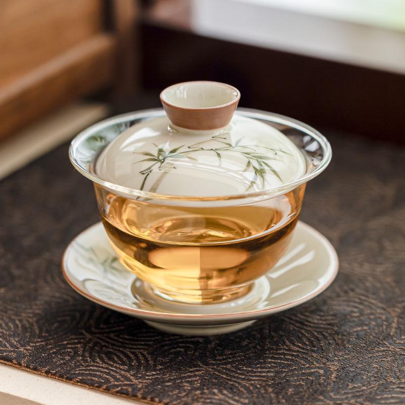 Hand drawn emerald green bamboo tea bowl with lid, home kung fu tea bowl, glass tea set, ceramic three piece lid bowl