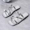 Square head large size flat slippers women's 2025 new low-heeled thin straps wear beach shoes women