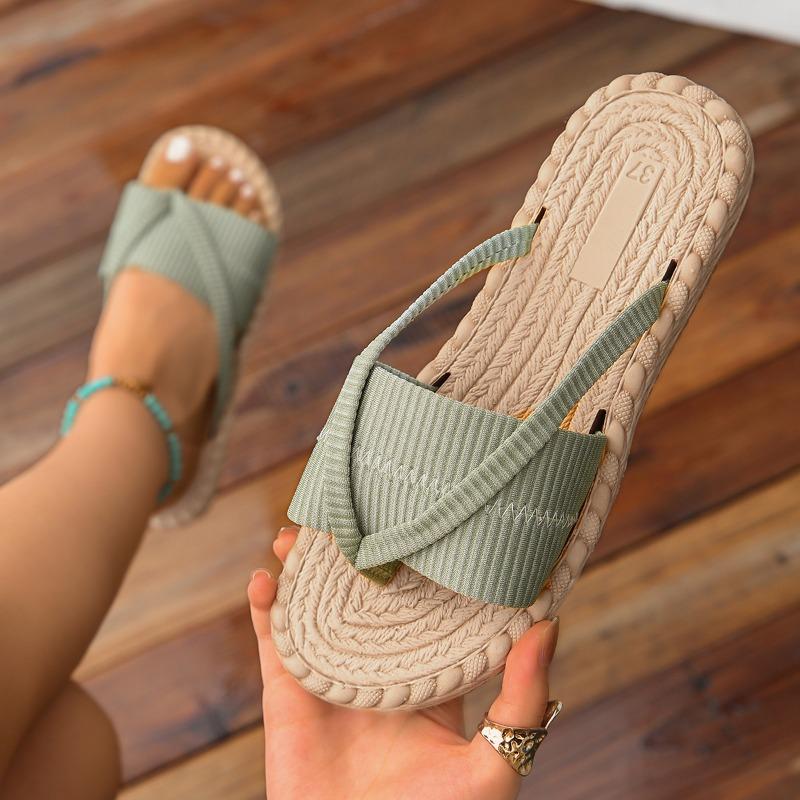 Flat bottom toe straw herringbone light slippers women's summer new large size casual cool slippers