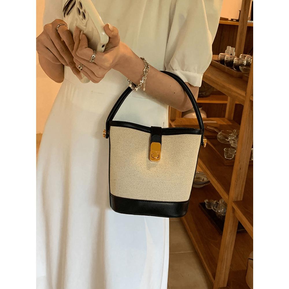 1PC Fashion Contrast PU Canvas Splice Buckle Handbag Water Bucket Bag Strap Long Shoulder Strap Crossbody Bag For Women's Daily Use