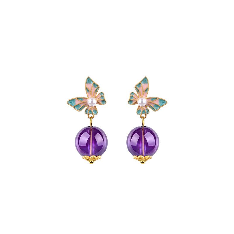 Amethyst Butterfly Stud Earrings: Luxury Design in 925 Sterling Silver with Enamel Detail for Women