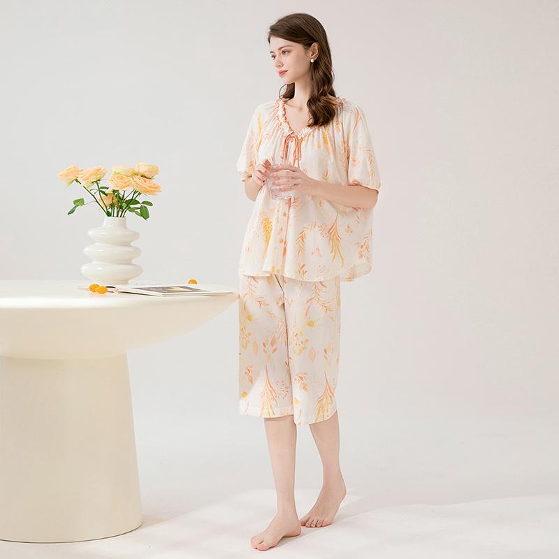 Fenteng [100% cotton outerwear] Summer new lace V-neck romantic short sleeved seven quarter pants pajamas women's home wear