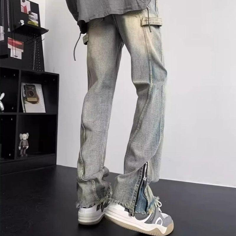 Youthful Vitality Zipper Detail Bootcut Jeans Men's Clothing High Street Denim Pants Distressed Stylish Rough Selvage Trousers