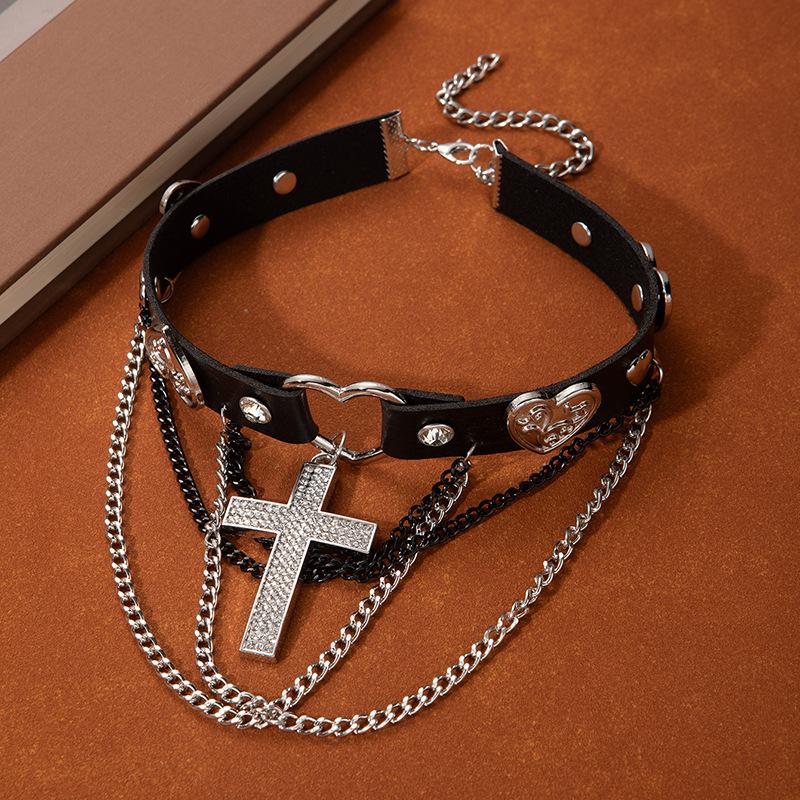 Heavy Industry Red Rose Collar High Sense Choker Cross Necklace Dark Goth Punk Neck Chain Collarbone Chain