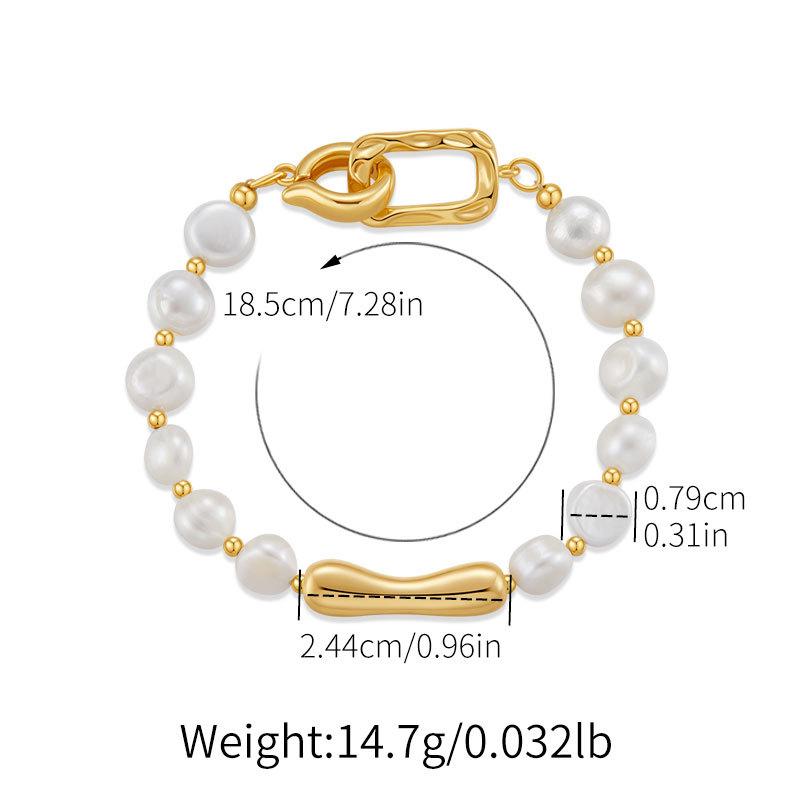 Gold Plated Pearl Bead & Irregular Metal Bar Bracelet With Extension Chain