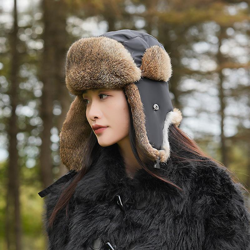 Hat Women's Winter New Rabbit Fur Warm Thickened Ear Protection Outdoor Riding Windproof and Coldproof Lei Feng Hat